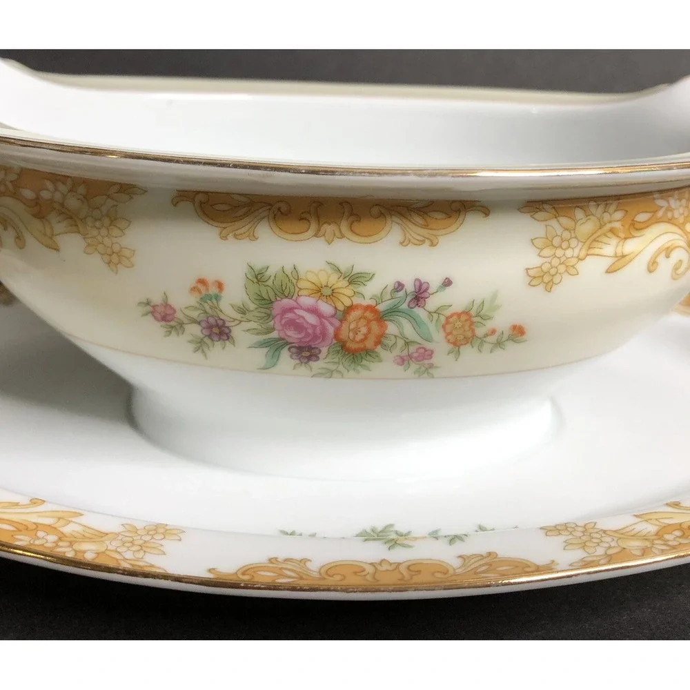 Noritake Morimura M Mark Gravy Boat Gold Edge Multicolor Roses Flowers 1930s